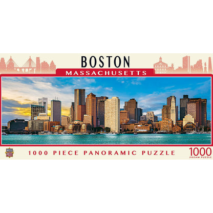Front of the Masterpieces Boston panoramic puzzle box featuring detailed city skyline