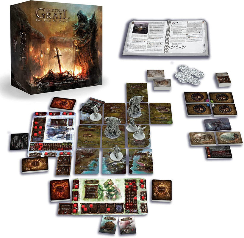 Tainted Grail The Fall of Avalon board game components including rulebook character sheets miniatures location cards and tokens spread out on a white surface