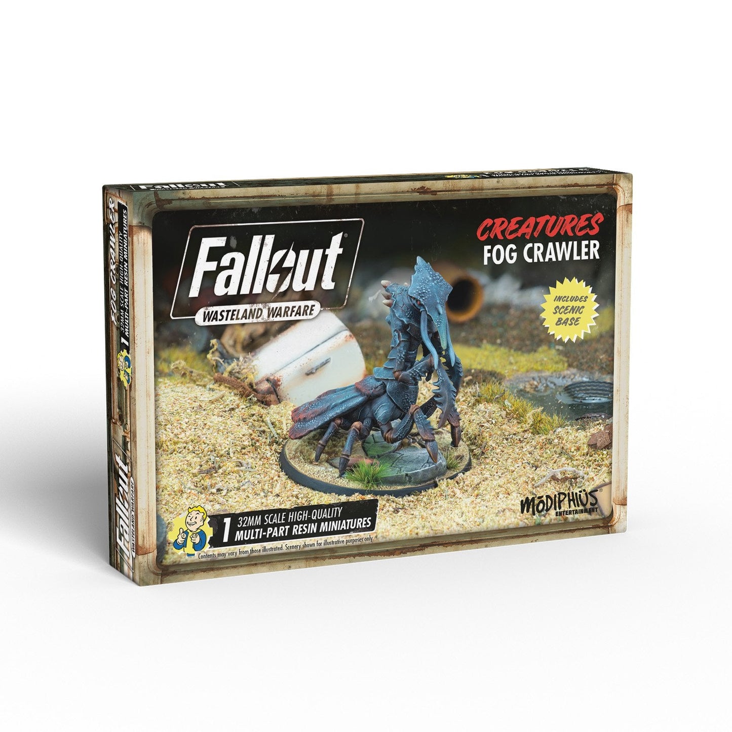 Fallout Wasteland Warfare Fog Crawler miniature box displays a blue, multi-legged creature on a base