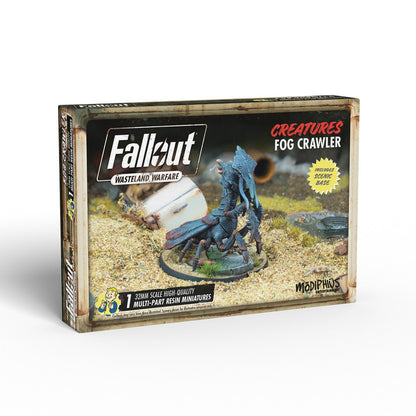 Fallout Wasteland Warfare Fog Crawler miniature box displays a blue, multi-legged creature on a base