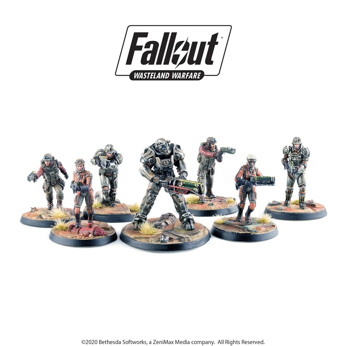Seven Fallout: Wasteland Warfare miniatures, including power armor, posed with various weapons