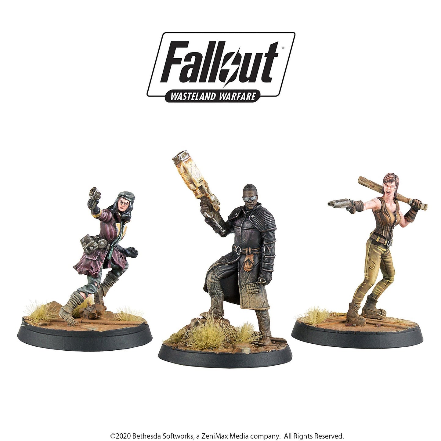 Fallout: Wasteland Warfare miniatures: Woman with pistol, man with energy rifle, woman with bat and pistol.