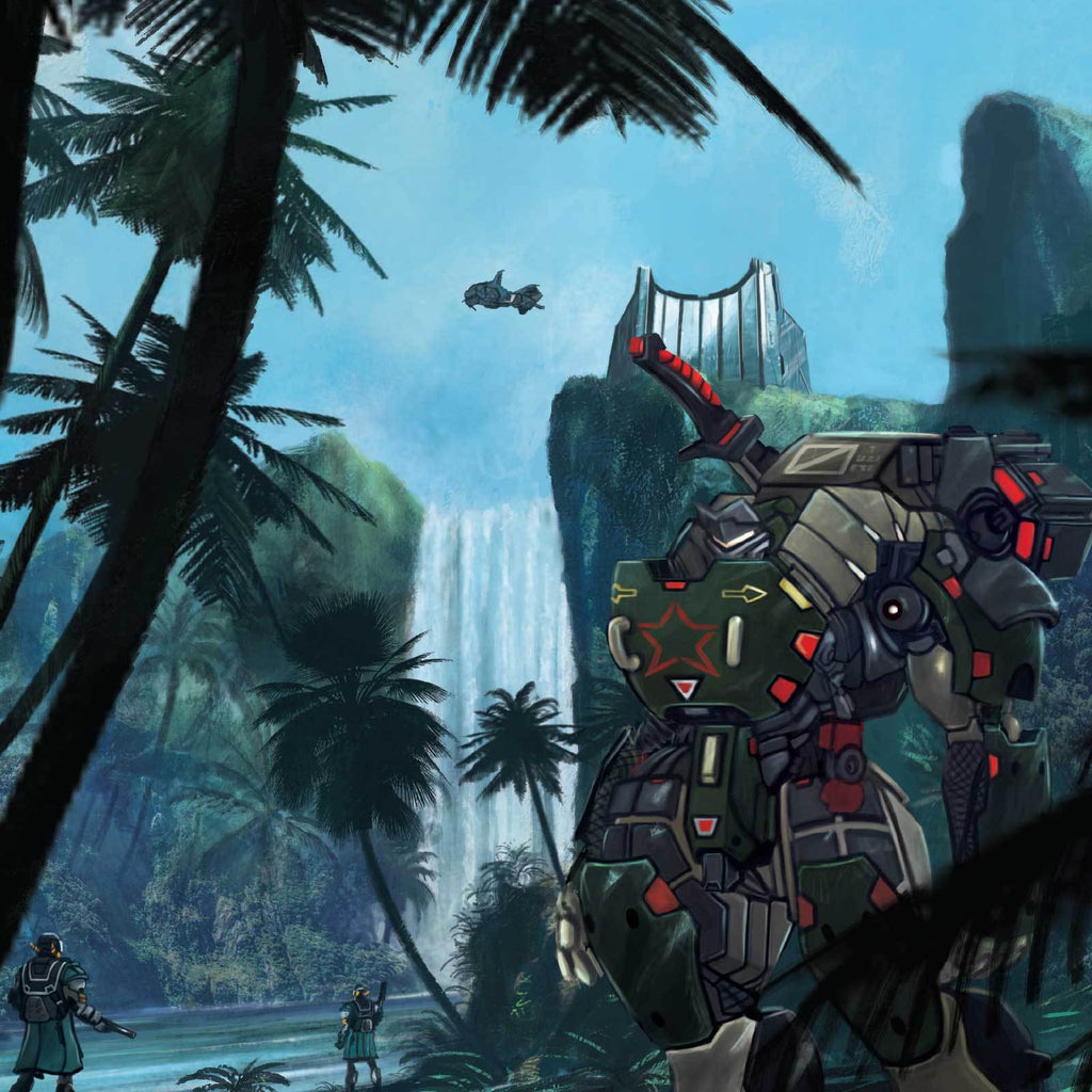 A green mech with a red star and sword stands in a tropical jungle. A waterfall, futuristic base, and flying ship are in the background