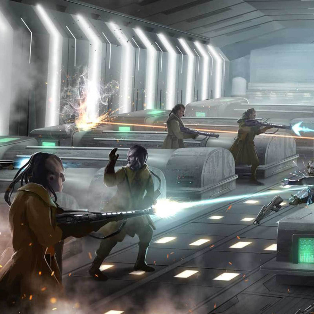 Humanoid soldiers battle in a futuristic corridor, firing laser rifles with bright beams and explosions
