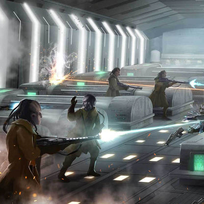 Humanoid soldiers battle in a futuristic corridor, firing laser rifles with bright beams and explosions