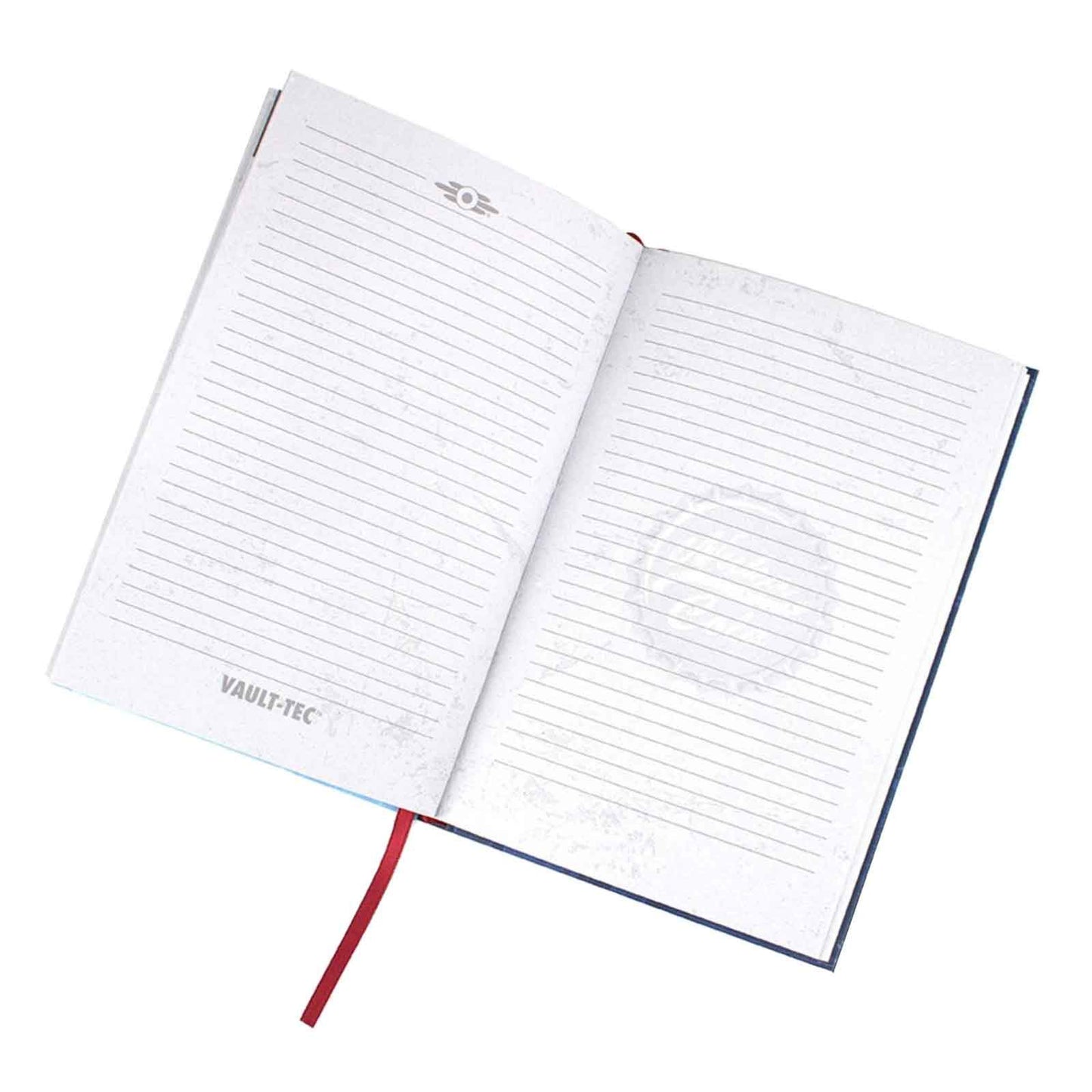 Opened notebook showing lined pages with Vault-Tec logo, text, and a red ribbon bookmark