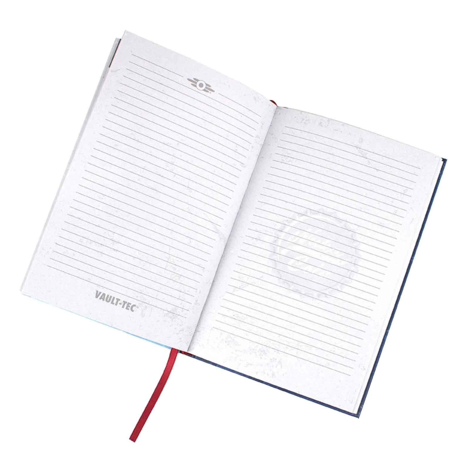 Opened notebook showing lined pages with Vault-Tec logo, text, and a red ribbon bookmark