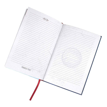 Opened notebook showing lined pages with Vault-Tec logo, text, and a red ribbon bookmark