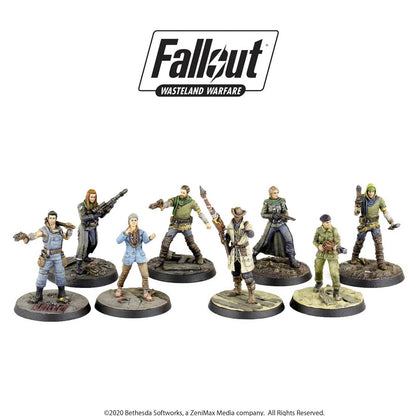Eight painted Fallout: Wasteland Warfare miniatures stand in dynamic poses, each armed and wearing post-apocalyptic attire