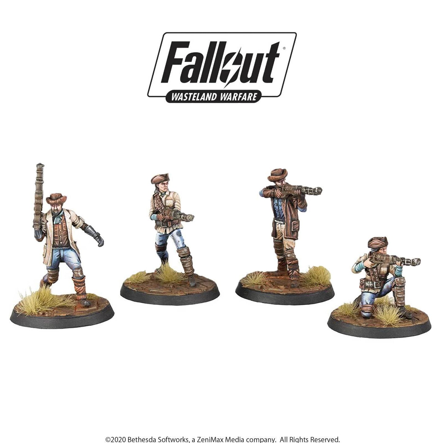 Four painted Fallout Wasteland Warfare miniatures, armed with rifles in various combat poses.