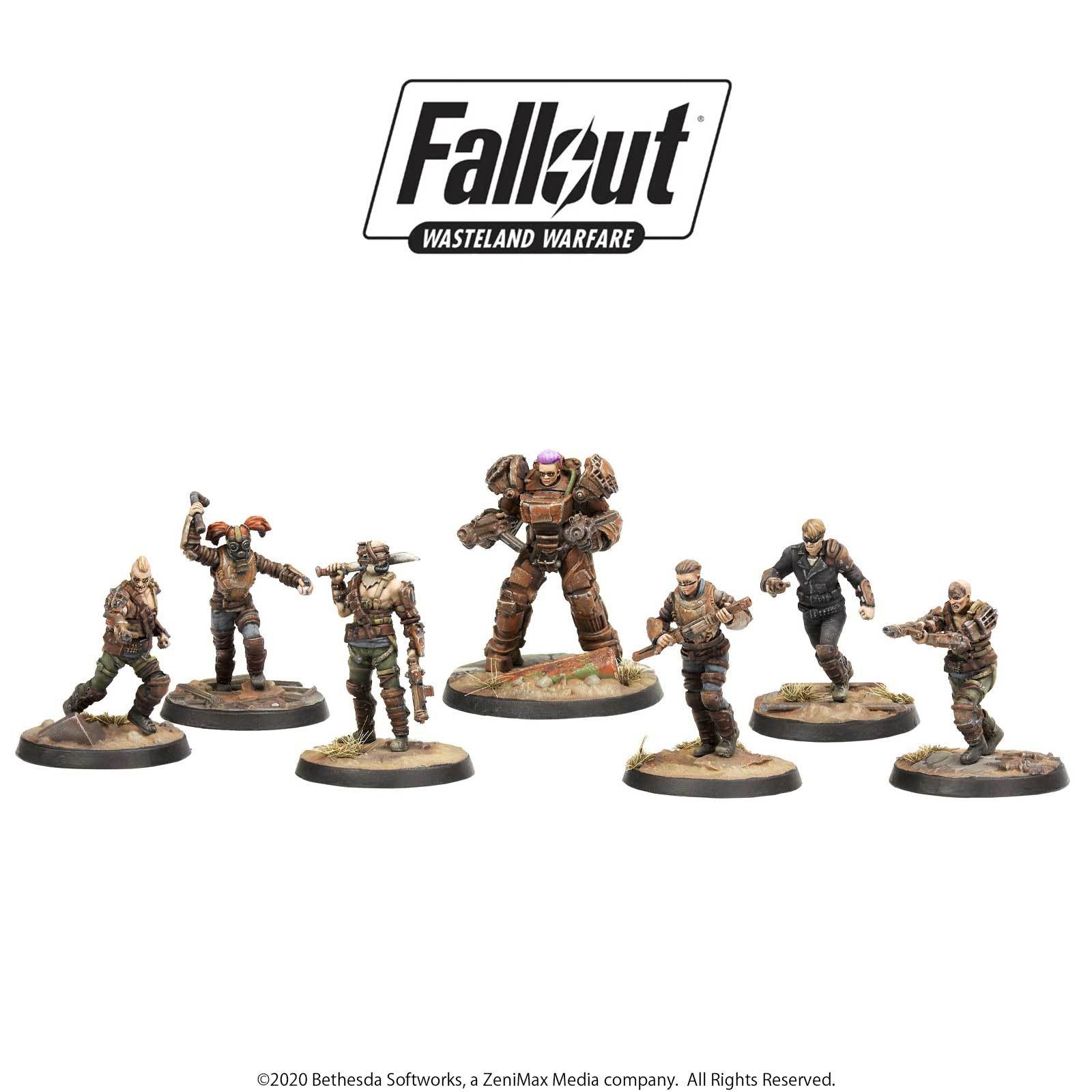 Seven Fallout Wasteland Warfare miniatures: a power armor figure and six wastelanders, all in dynamic action poses