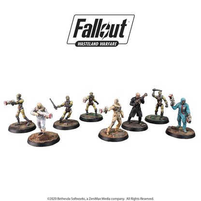 Eight painted Fallout Wasteland Warfare miniatures: assorted armed post-apocalyptic figures in action poses
