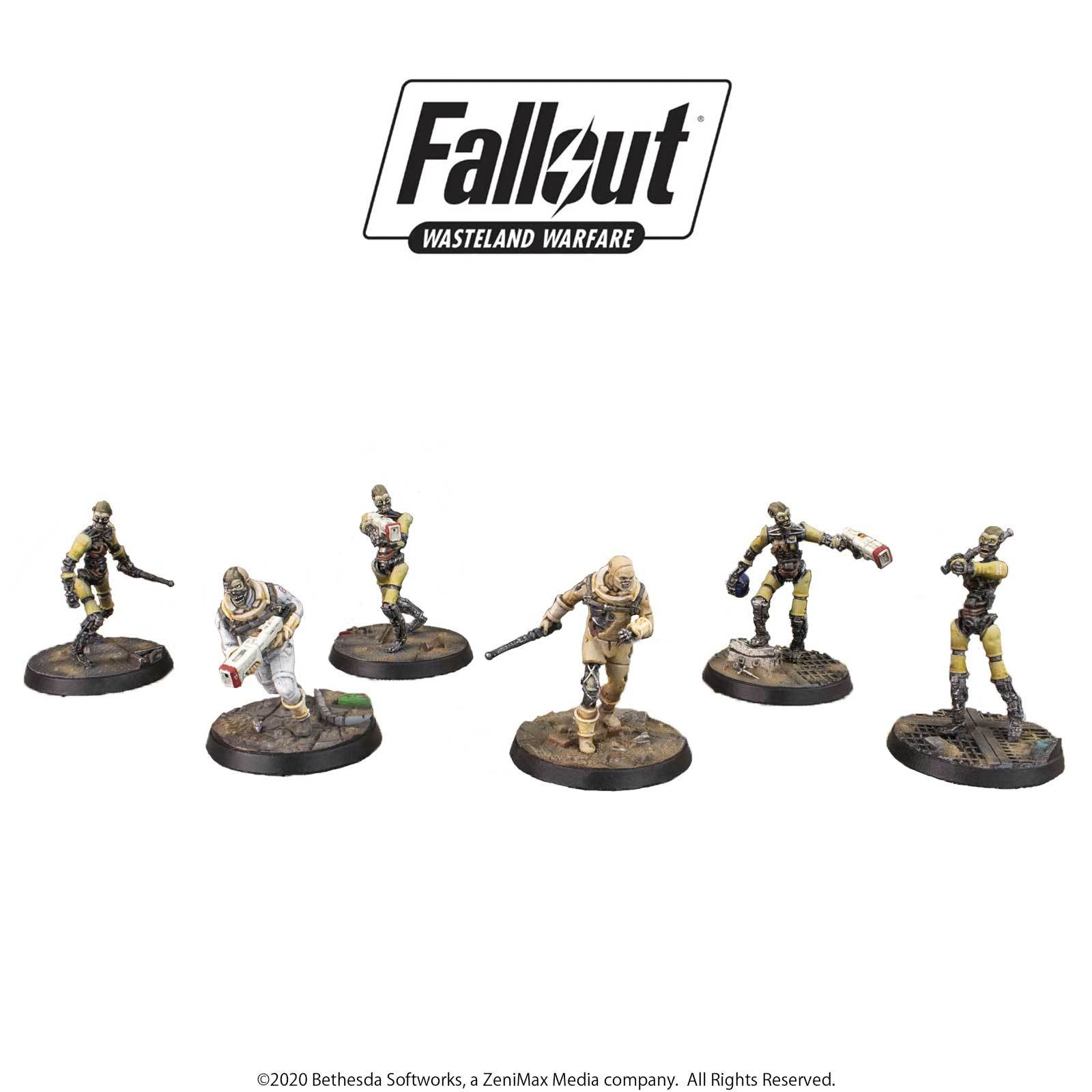 Six dynamically posed Ghoul miniatures, some with weapons, below the Fallout Wasteland Warfare logo