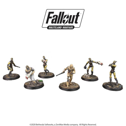 Six dynamically posed Ghoul miniatures, some with weapons, below the Fallout Wasteland Warfare logo