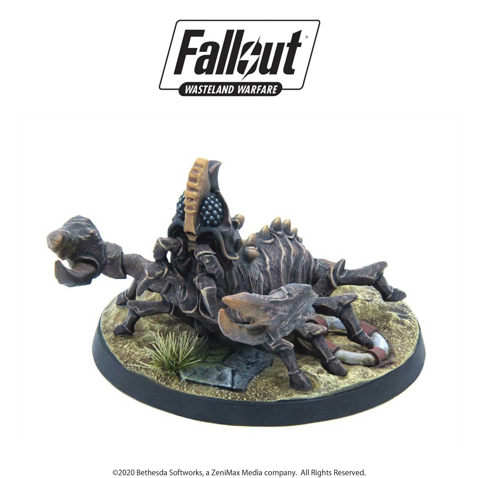 Fallout: Wasteland Warfare miniature of a dark, armored Radscorpion with large pincers, posed on a desert base