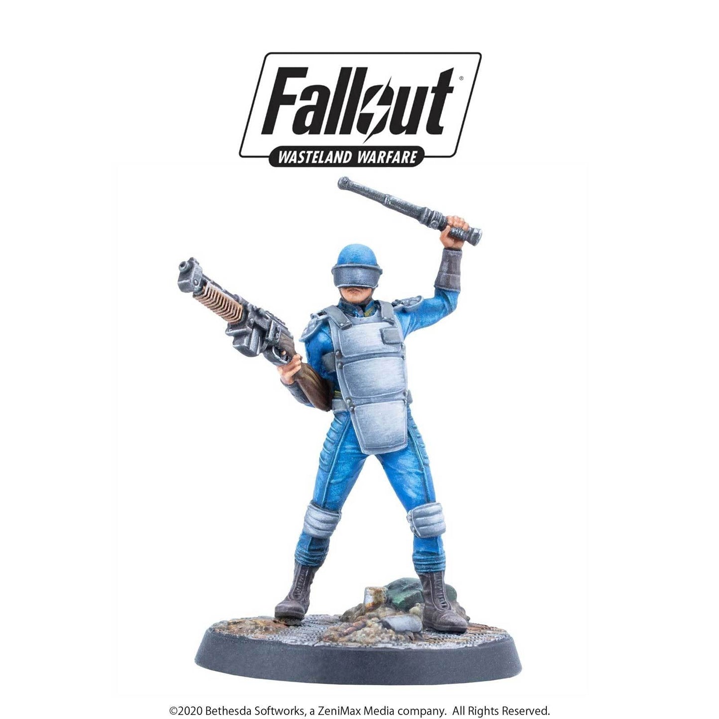 Fallout Wasteland Warfare miniature of a blue-armored soldier with a rifle and a raised club