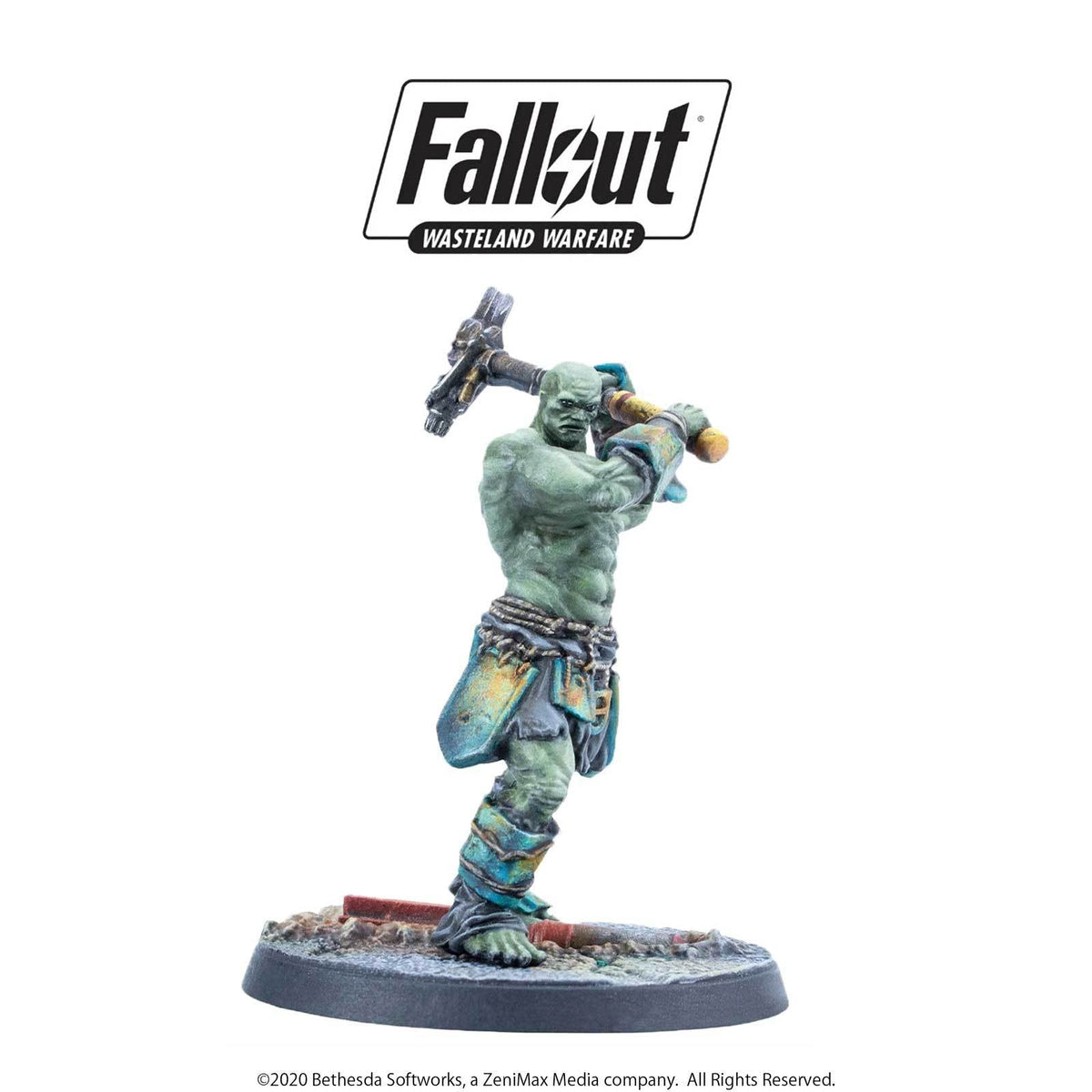 Fallout Wasteland Warfare miniature: a muscular, green Super Mutant raises a large, crude hammer