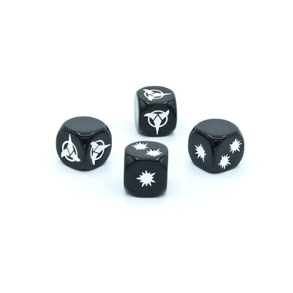 Four black Star Trek dice with white Starfleet symbols and starbursts on a white background