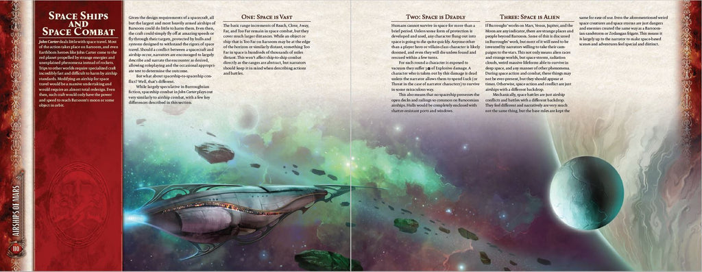 A sleek, ornate space airship with glowing engines travels through a vibrant nebula, past scattered asteroids and a distant planet