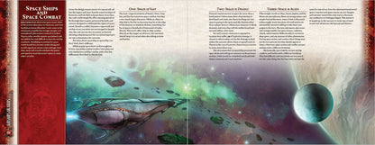 A sleek, ornate space airship with glowing engines travels through a vibrant nebula, past scattered asteroids and a distant planet