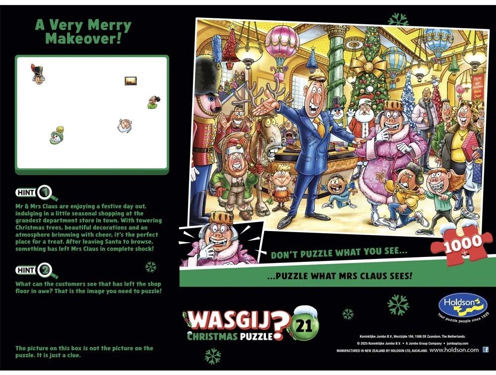 Cartoon box art showing shocked Mrs. Claus and a gesturing man in a crowded, festive Christmas department store scene