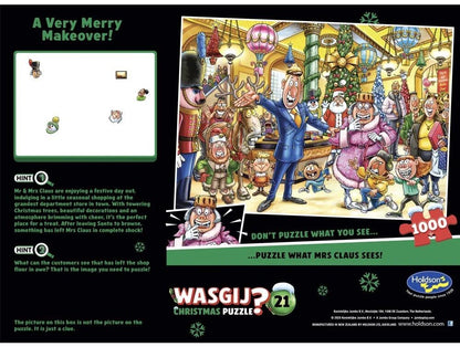 Cartoon box art showing shocked Mrs. Claus and a gesturing man in a crowded, festive Christmas department store scene