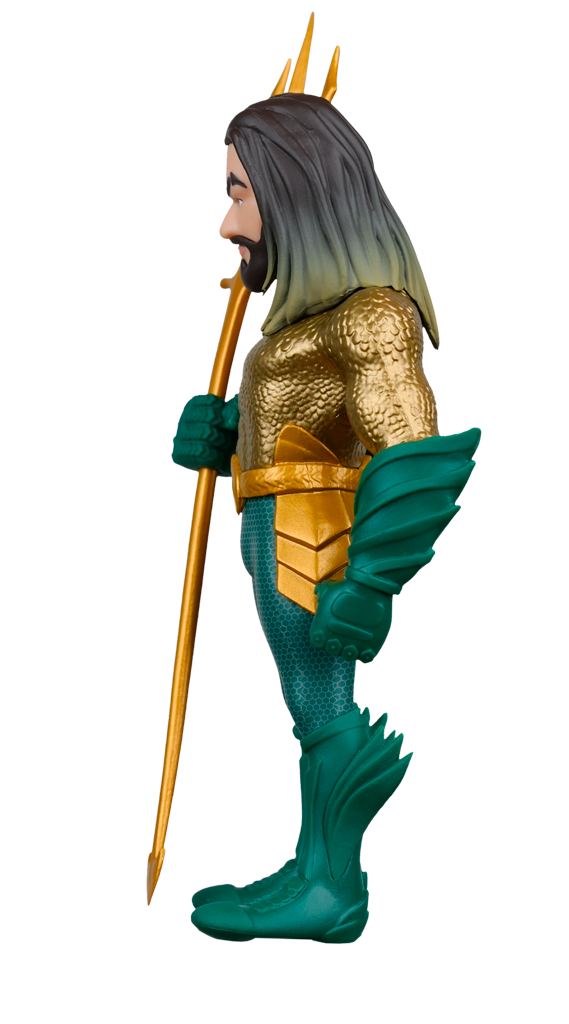 A stylized Aquaman figure is seen in profile, wearing gold scaled armor and green pants with a hexagonal pattern, holding a golden trident