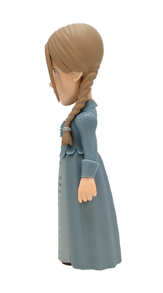 Side view of MINIX Wednesday Goody Addams 138 figure with braid and blue dress