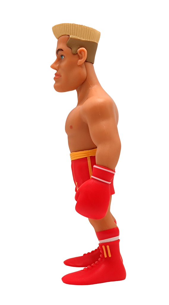Side view of MINIX Rocky Ivan Drago figure of the boxer in red shorts, gloves, and boots