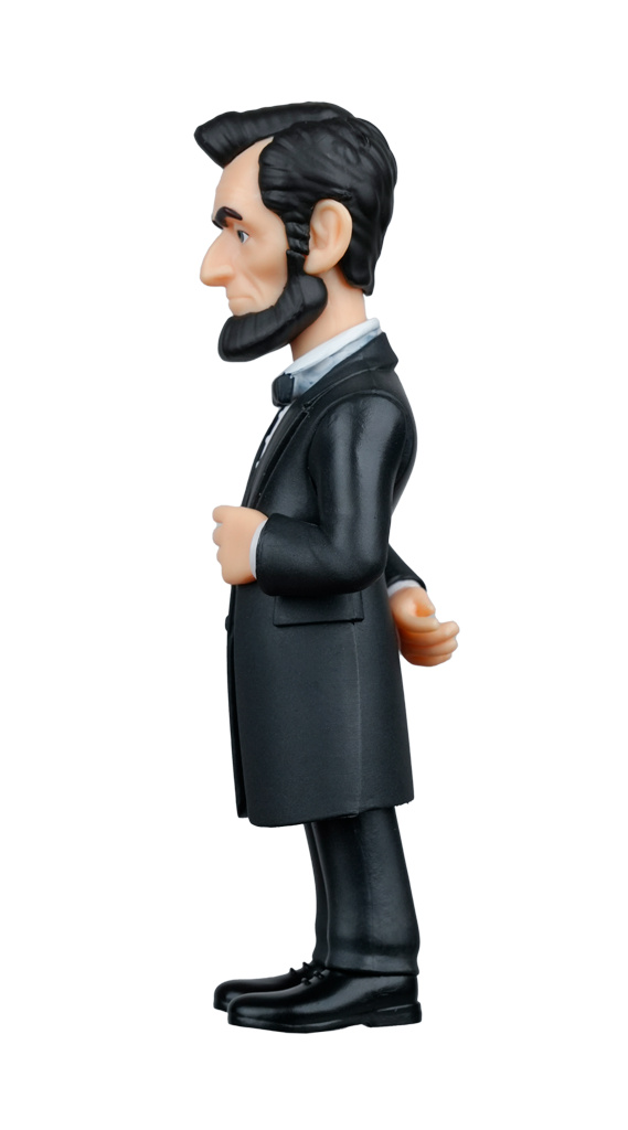 A stylized MINIX President Abraham Lincoln figure stands in profile, facing left, with his hands clasped behind his back, wearing a black suit with a bow tie and his signature beard