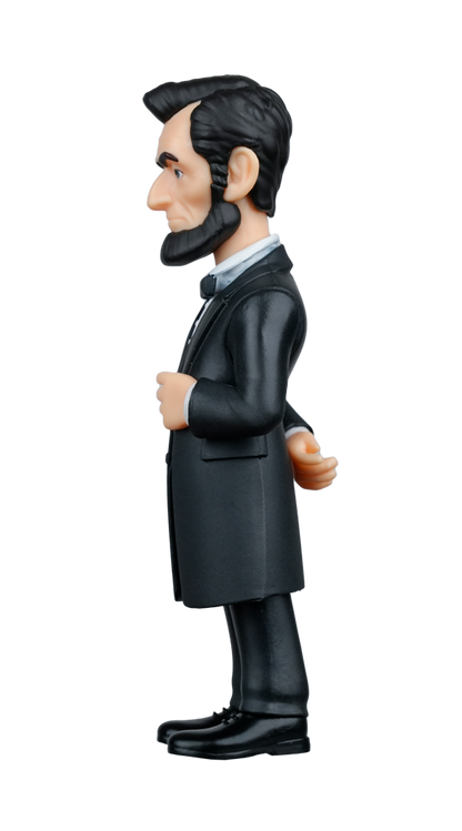 A stylized MINIX President Abraham Lincoln figure stands in profile, facing left, with his hands clasped behind his back, wearing a black suit with a bow tie and his signature beard