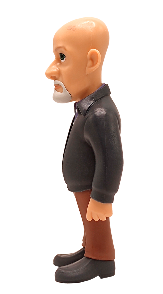 Side view of Minix Better Call Saul Mike Ehrmantraut collectible vinyl figure featuring a bald character with a white goatee purple shirt and black jacket