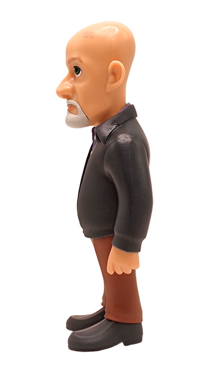 Side view of Minix Better Call Saul Mike Ehrmantraut collectible vinyl figure featuring a bald character with a white goatee purple shirt and black jacket