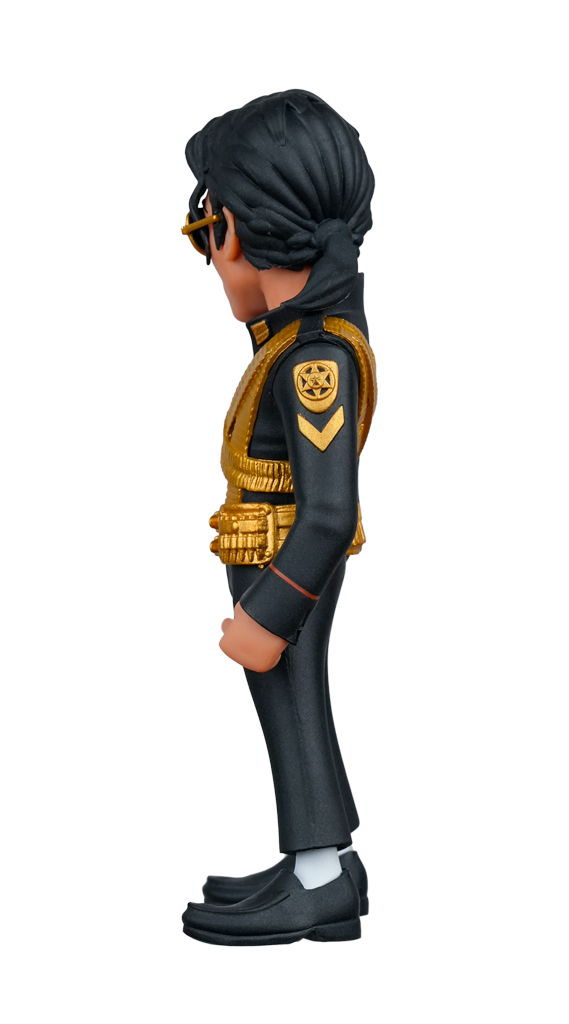 A side profile of the MINIX Michael Jackson 10k Version figure wearing a black uniform with gold vest, belt, and shoulder insignia, glasses, and a dark ponytail