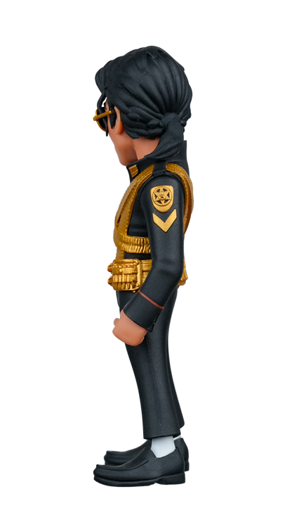A side profile of the MINIX Michael Jackson 10k Version figure wearing a black uniform with gold vest, belt, and shoulder insignia, glasses, and a dark ponytail