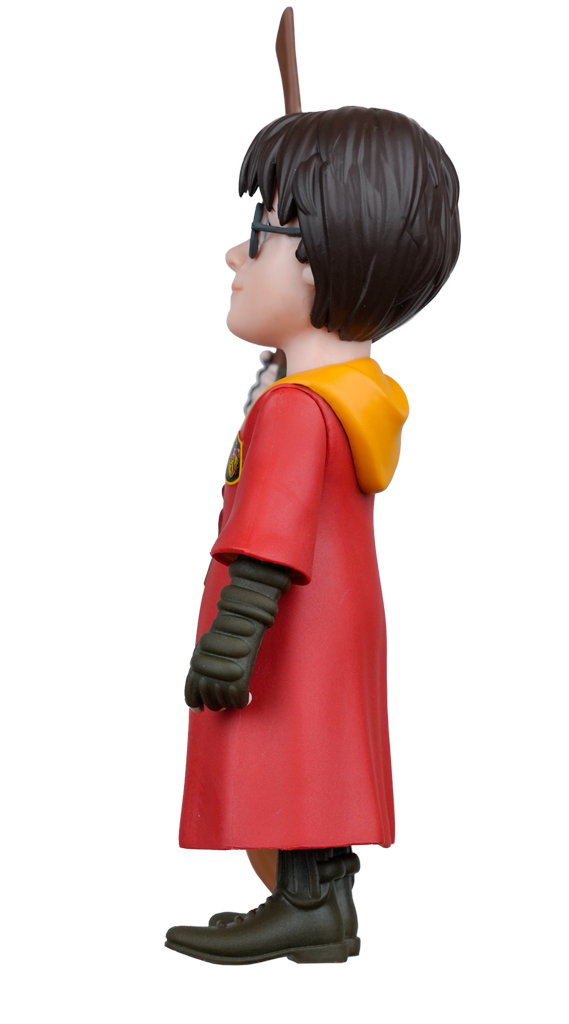 A MINIX Harry Potter Quidditch figure is shown from the side, wearing a red robe, yellow hood, dark gloves, and boots, with a broomstick handle visible behind its head