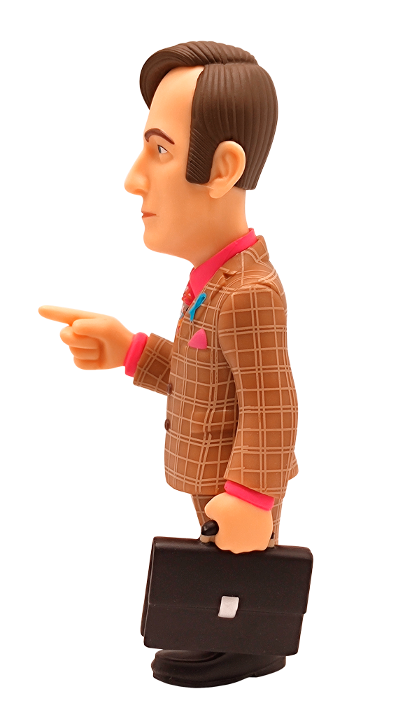 Side view of Minix Better Call Saul Saul Goodman vinyl figure in a brown plaid suit pink shirt colorful tie and blue ribbon holding a briefcase