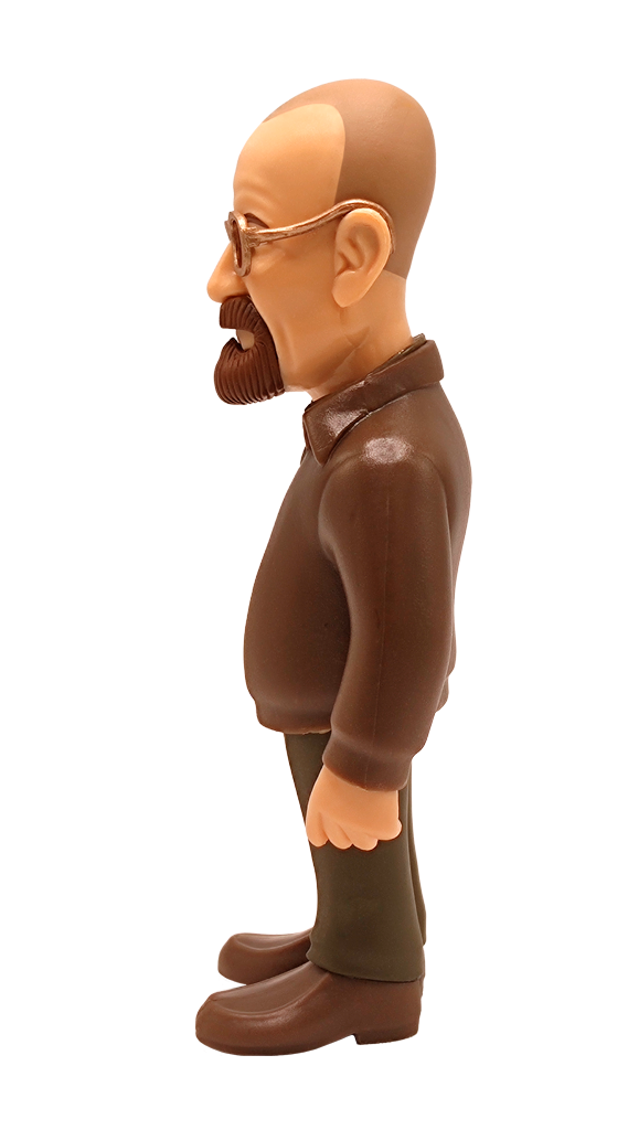 Side view of Minix Breaking Bad Walter White vinyl figure in brown jacket dark green shirt and pants with a brown goatee and glasses