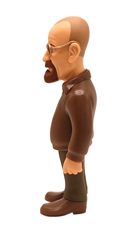 Side view of Minix Breaking Bad Walter White vinyl figure in brown jacket dark green shirt and pants with a brown goatee and glasses