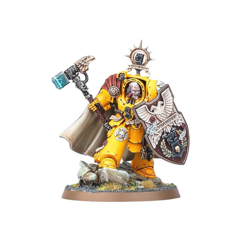 Imperial Fists Terminator Captain Lysander miniature in yellow armor, wielding a Thunder Hammer and Storm Shield