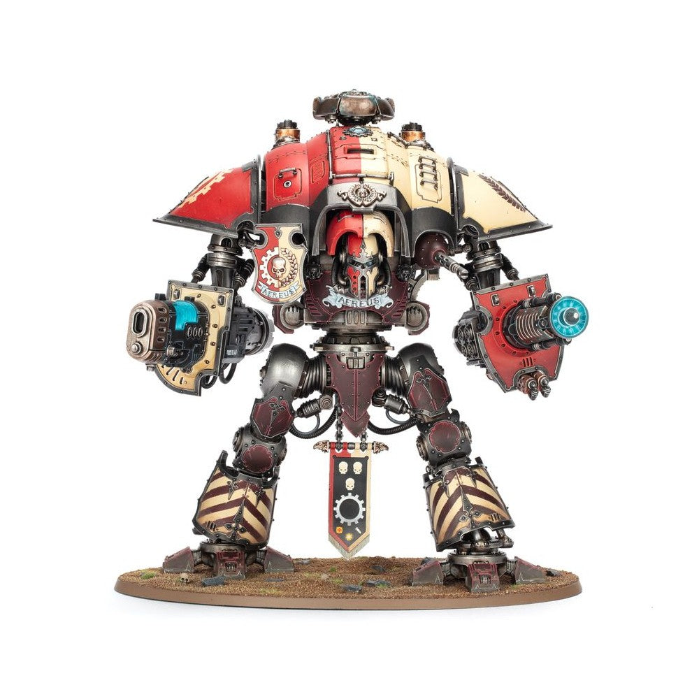Warhammer 40k Imperial Knight miniature with split red and cream armor and dual heavy weapons