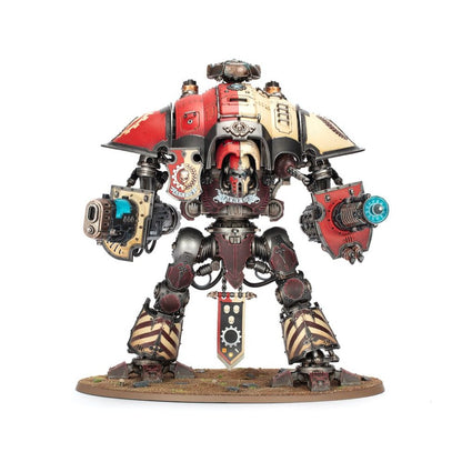 Warhammer 40k Imperial Knight miniature with split red and cream armor and dual heavy weapons