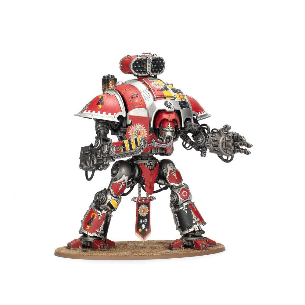 Painted miniature of a red and silver Imperial Knight mech, armed with a heavy cannon and shoulder missiles