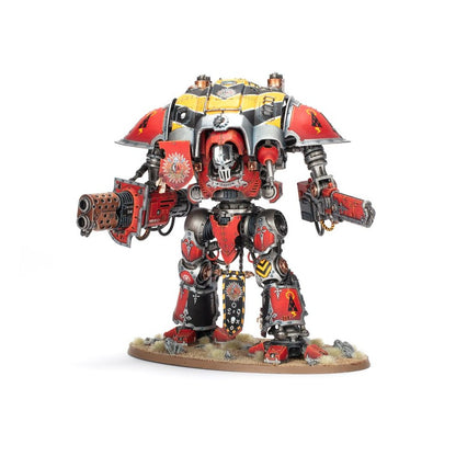 Painted red and yellow Imperial Knight miniature, armed with a heavy gun and chainsword