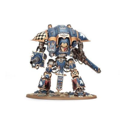 Blue and gold Warhammer 40k Imperial Knight miniature armed with a chainsword and heavy cannon