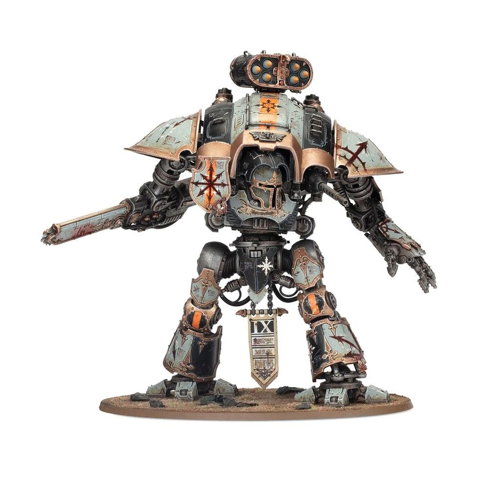 Detailed miniature of a battle-worn Chaos Knight mech, armed with a cannon and shoulder missile launcher