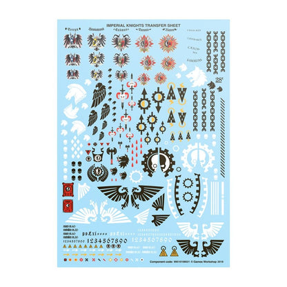 Warhammer 40K Imperial Knights transfer sheet with various decals: eagles, skulls, gears, and heraldry
