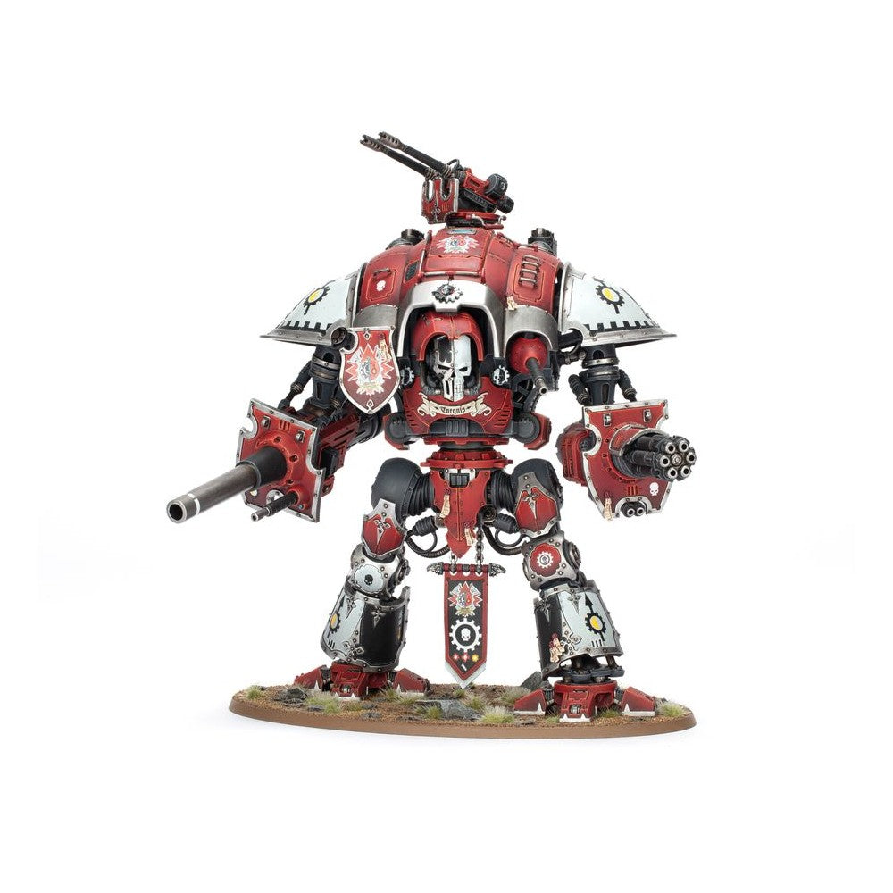 Red and silver Warhammer 40K Knight miniature armed with a battle cannon and rotary heavy gun