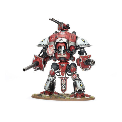 Red and silver Warhammer 40K Knight miniature armed with a battle cannon and rotary heavy gun