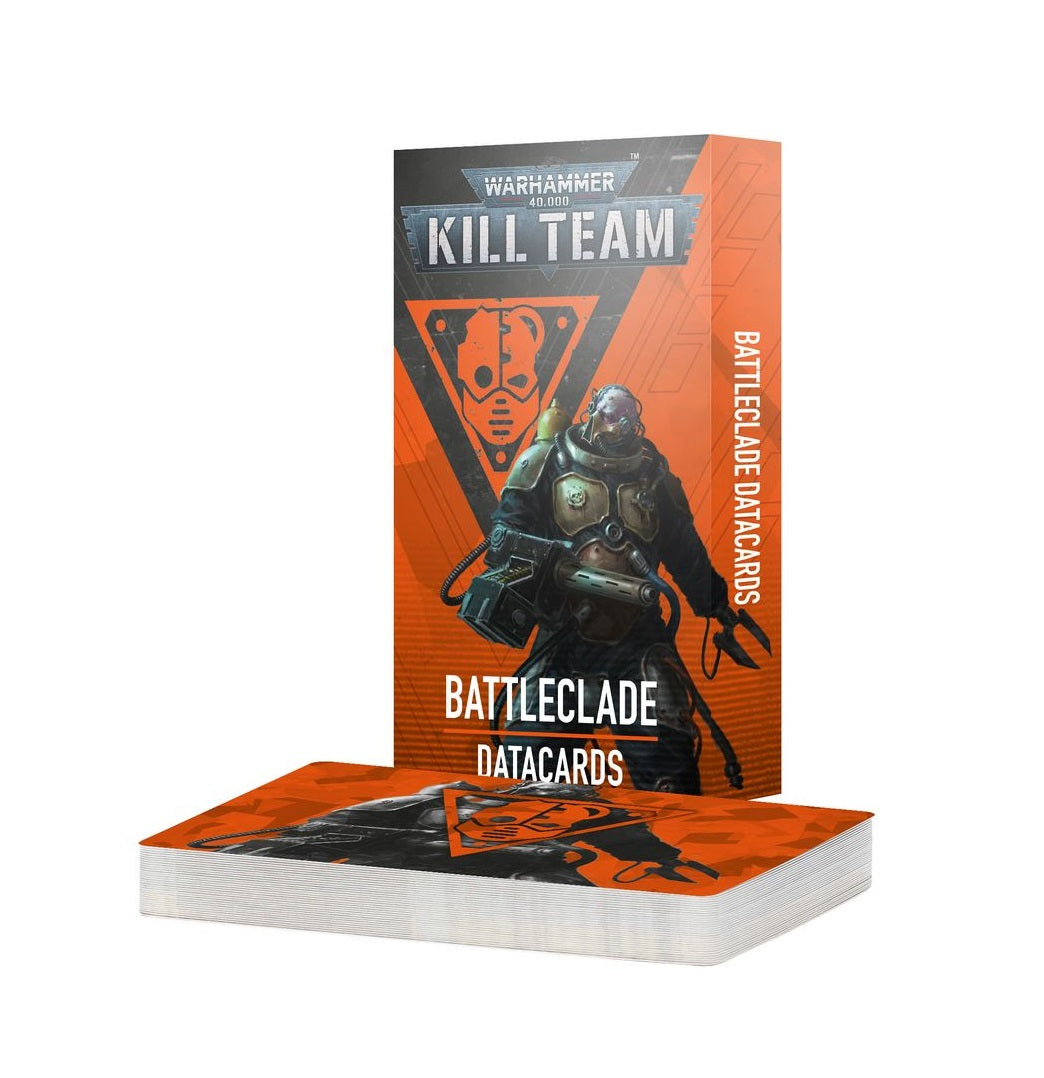Warhammer 40k Kill Team Battleclade Datacards packaging and card stack, featuring an armored soldier